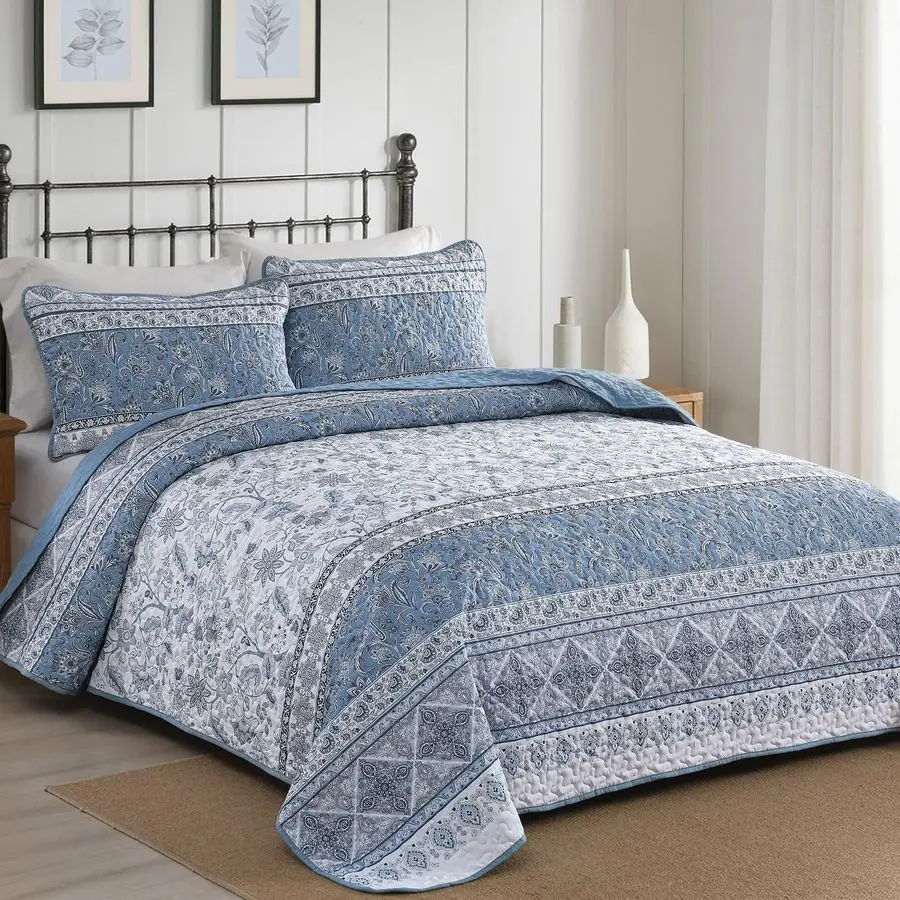 

Синий комплект постельного белья в стиле бохо, размер Queen, полосатое покрывало, цветочный набор постельного белья из 3 предметов, мягкое микрофибровое одеяло с узором пейсли и 2 наволочки, 9 предметов.