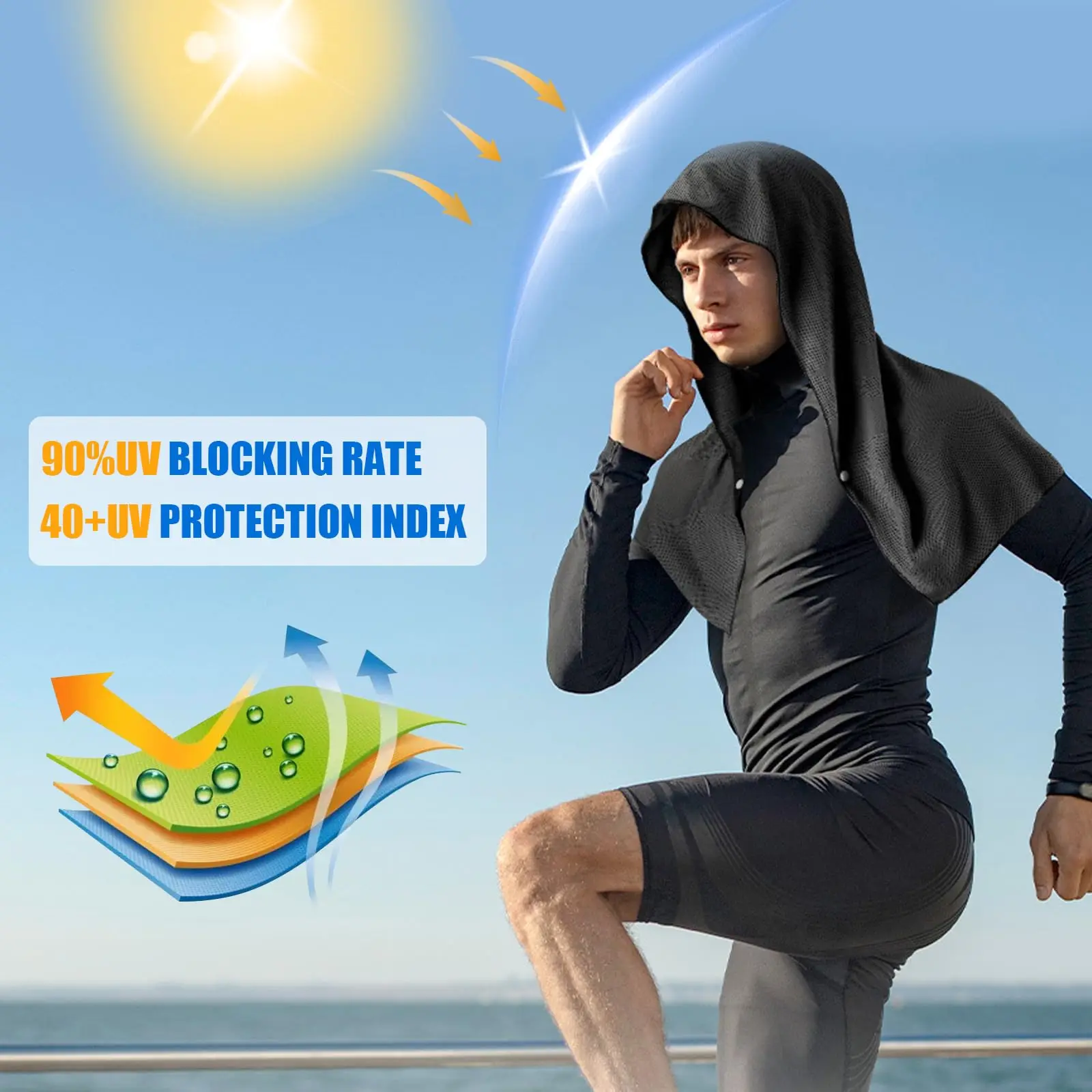 Summer Hooded Cool Towel Sun Protection Insulation Quick Drying Headscarf with Buttons for Hiking Fishing Outdoor Beach Sports