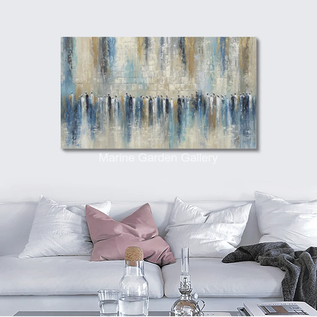 Hand Painted Blue Abstract Kotel Oil Painting Jerusalem Western Wall Gold Textured Jewish Canvas Art Modern Dining Room Decor