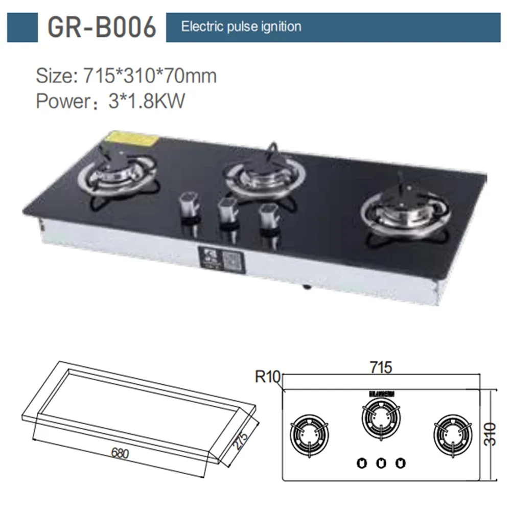 3 Burner LPG Gas Stove Hob Tempered Glass 715*310*70mm For Boat Caravan RV GR-B006