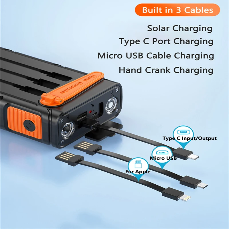 핸드 크랭크 태양열 보조배터리, 케이블 포함, 캠핑 조명, PD 20W 고속 충전 보조베터리, 아이폰, 샤오미, 삼성, 30000mAh