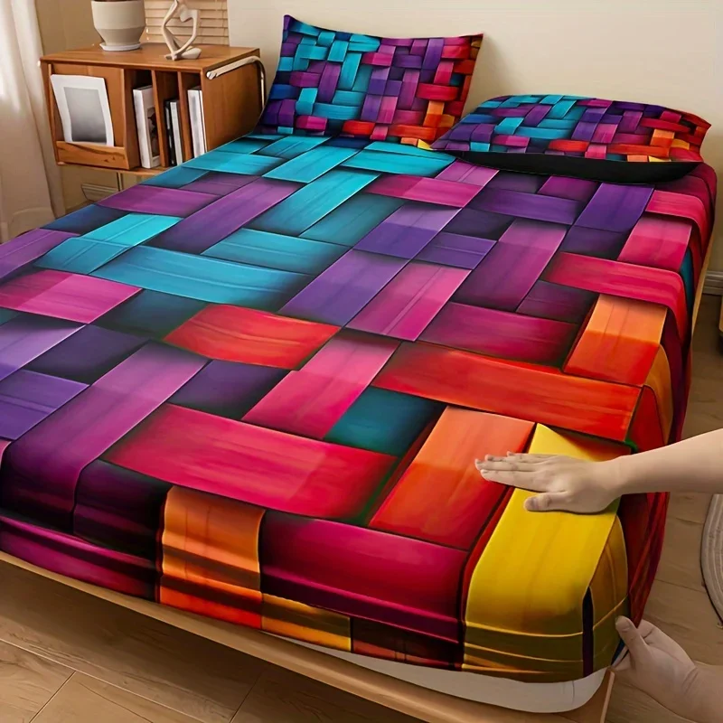 Geometric Plaid Bed Sheet Set Breathable All-Season Fitted Sheet with 2 Pillowcases High-Definition Digital Print