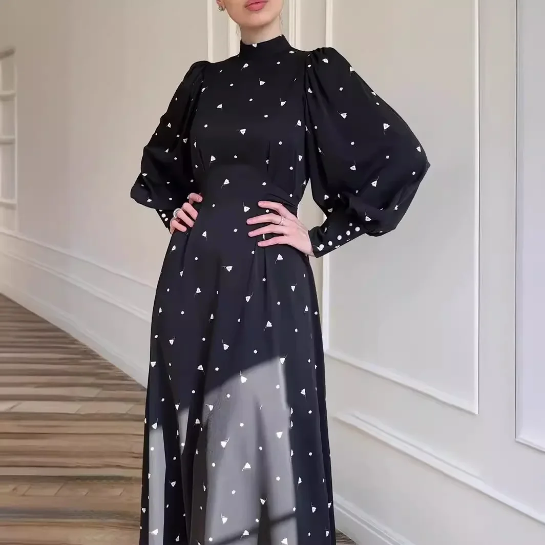 Abaya Dubai Loose Print Muslim Dress Women Lace-up Satin Dress for Women Arabic Turkey Islamic Clothing Musulmane Femme Vestidos