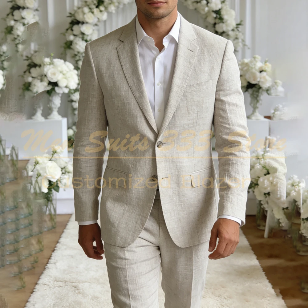 

Wedding Men's Suits Linen Customized Single Breasted Notch Lapel Slim Fit 2 Piece Jacket Pants Bespoke Male Clothing Sets