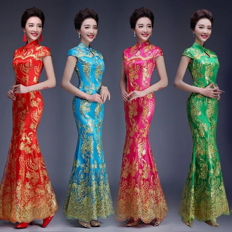 

Cheongsam fishtail dress sequined lace long for banquets performances fashion shows and
