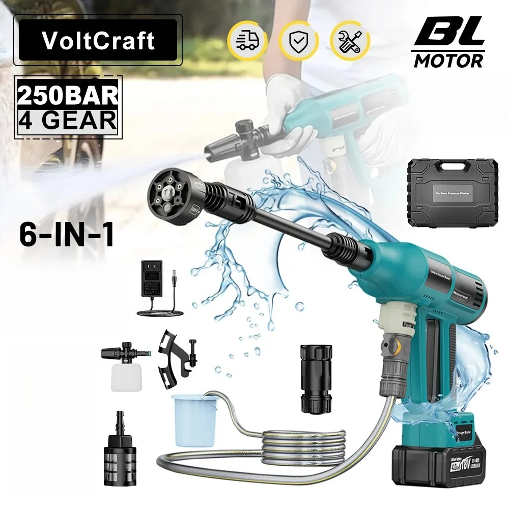 

3500W 200Bar Brushless 6IN1 High Pressure Car Wash Washer Gun Cordless Generator Cleaning Machine For Makita 18V Battery Pin