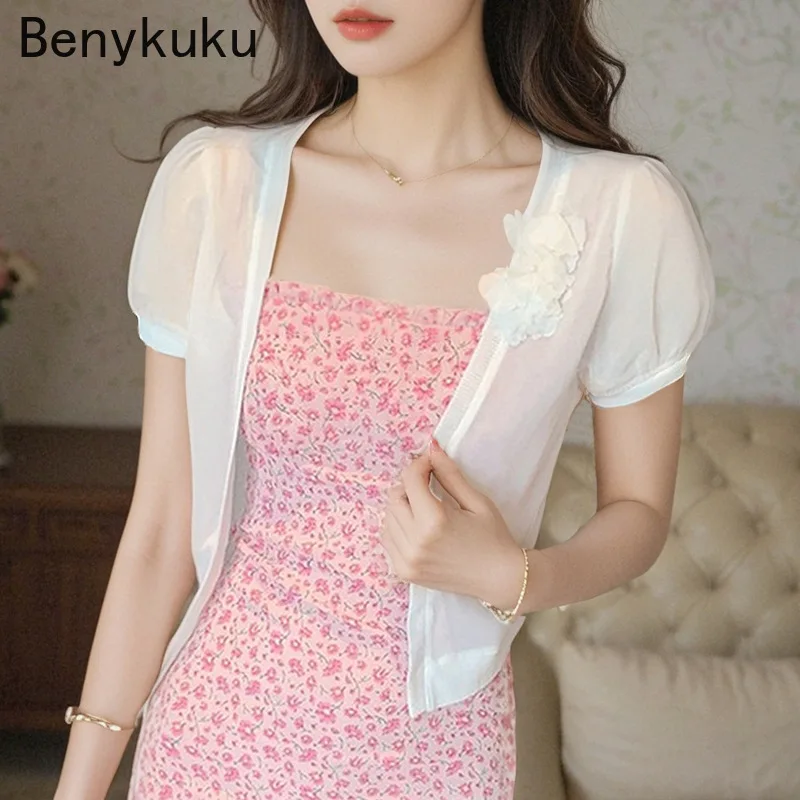 Women's Short Sleeve Shrug Sun-protective Open Stitch Coat 2025 Summer Korean Shawl Thin Cardigan Chiffon Bolero Jacket Top