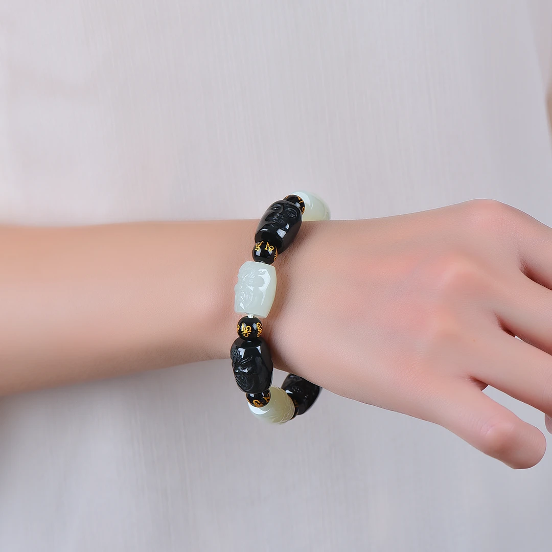 Certified Natural Jade Bangle Bracelet Men Women Genuine Chinese Nephrite Hetian Jade Black And White Buddha Head Bracelets