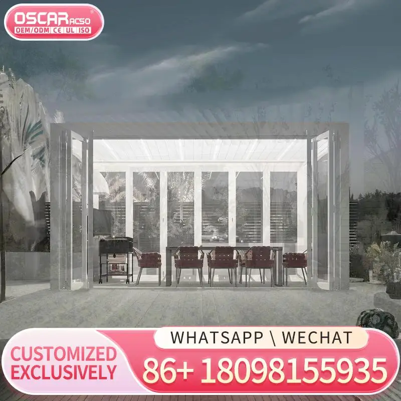 عريشة كهربائية مخصصة مقاومة للماء للاستخدام الخارجي من الألومنيوم على سقف الفناء لعريشة بجانب حمام السباحة في الفناء الخلفي للحديقة