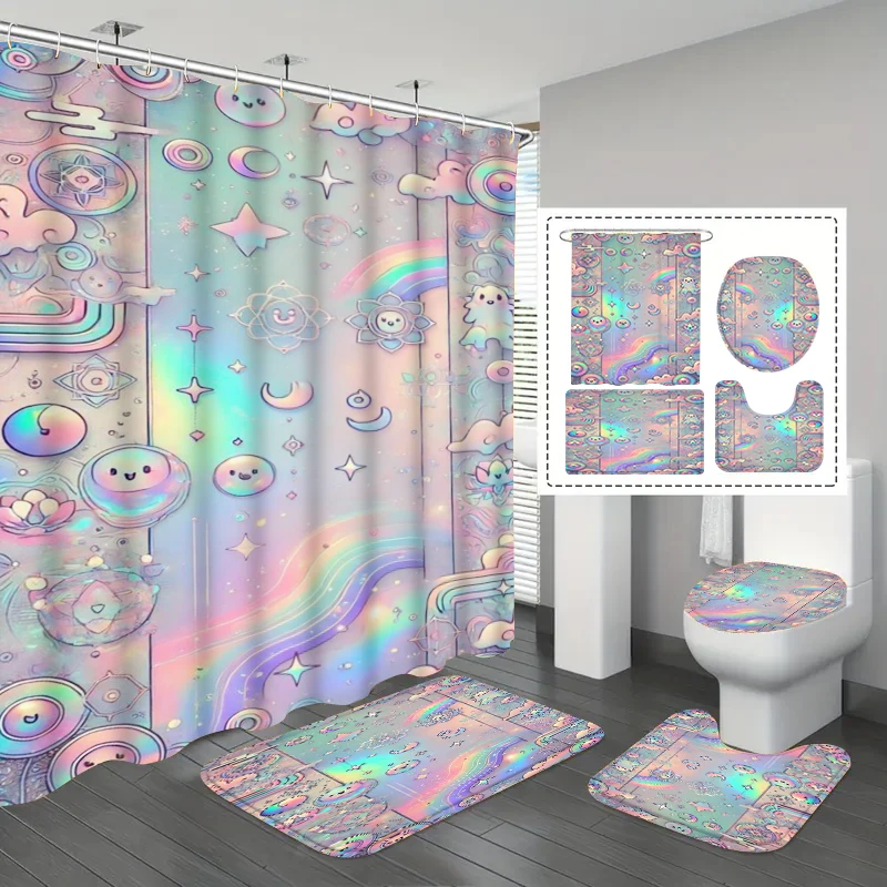 1/3/4Pc Dreamy Laser Rainbow Shower Curtain with Gradient Cloud and Star Pattern, Waterproof, Mildew-Resistant, No-Drill Bathroom Partition Curtain