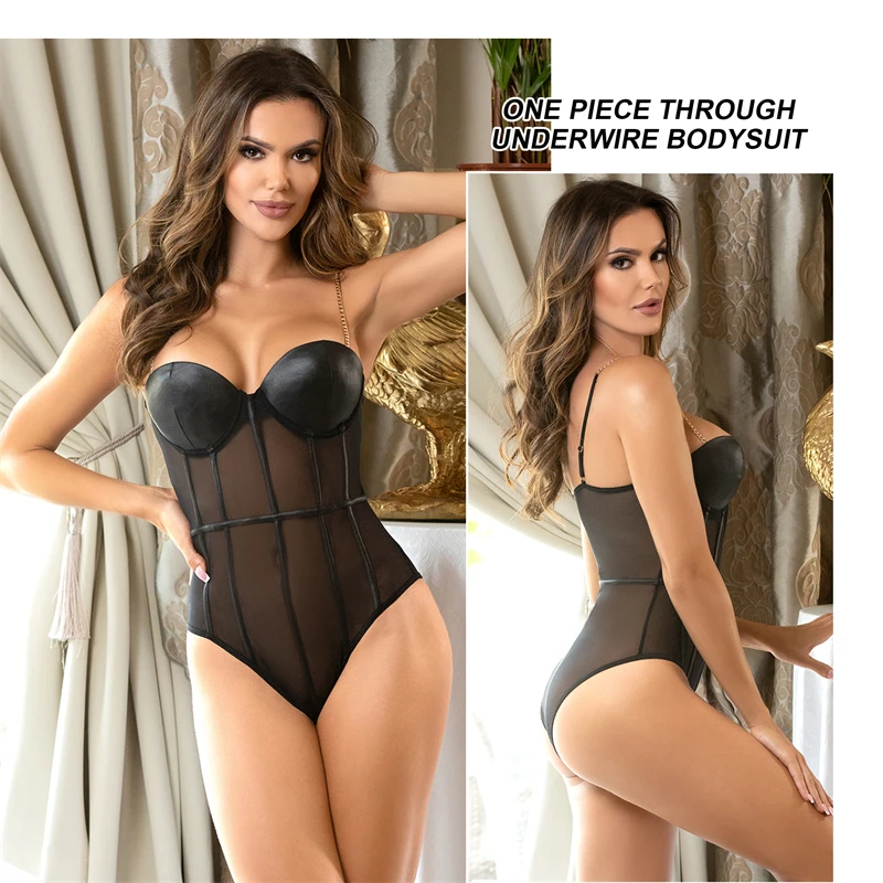 Ohyeahlady Sexy Seamless Lingerie Bodysuit Leather Teddy Transparent Underwear Oversized Underwire One-piece Jumpsuit With Chain