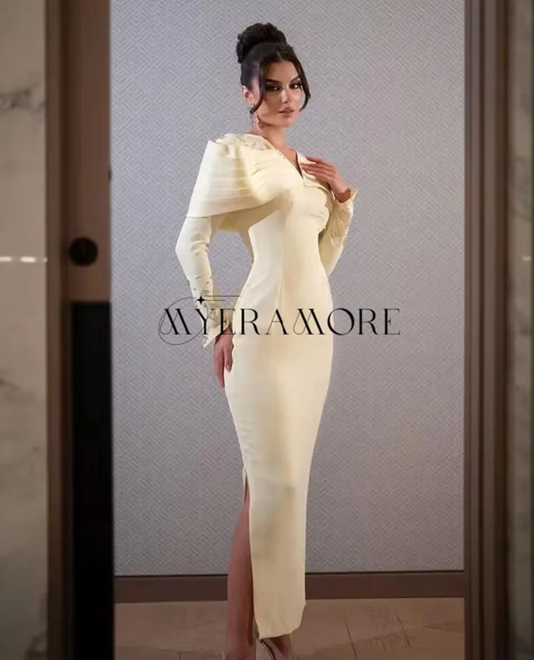 فساتين سهرة رائعة على شكل حرف v حورية البحر مطرز بأكمام طويلة بطول الكاحل مطوي فساتين لحضور الحفلات الموسيقية مخصصة Fساتين سهلات