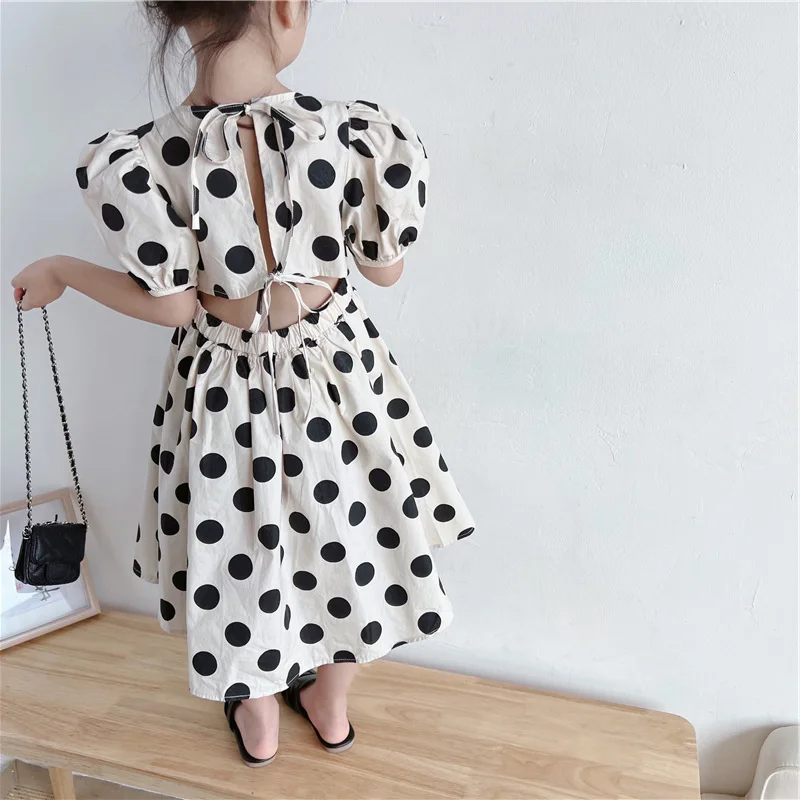 Girls' Dress Polka Dot Lace Up Dress Princess Dress 2026 Summer New Children Clothing for 2-8 Years Old