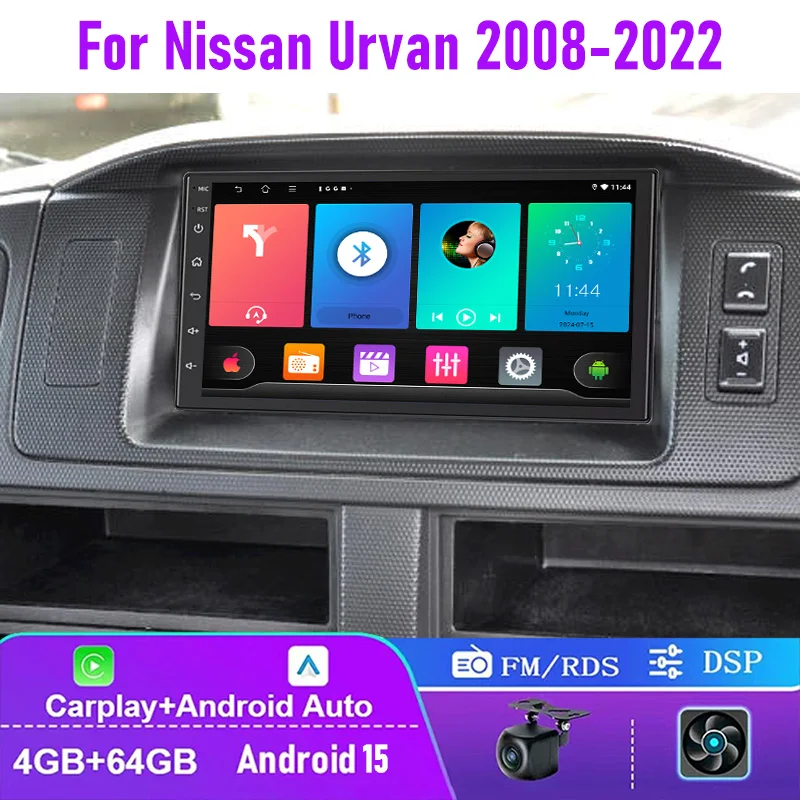 7 "4 + 64GB para Nissan Urvan 2008-2022 Radio de coche Carplay Android 15 Control de volante automático 2DIN GPS cámara trasera