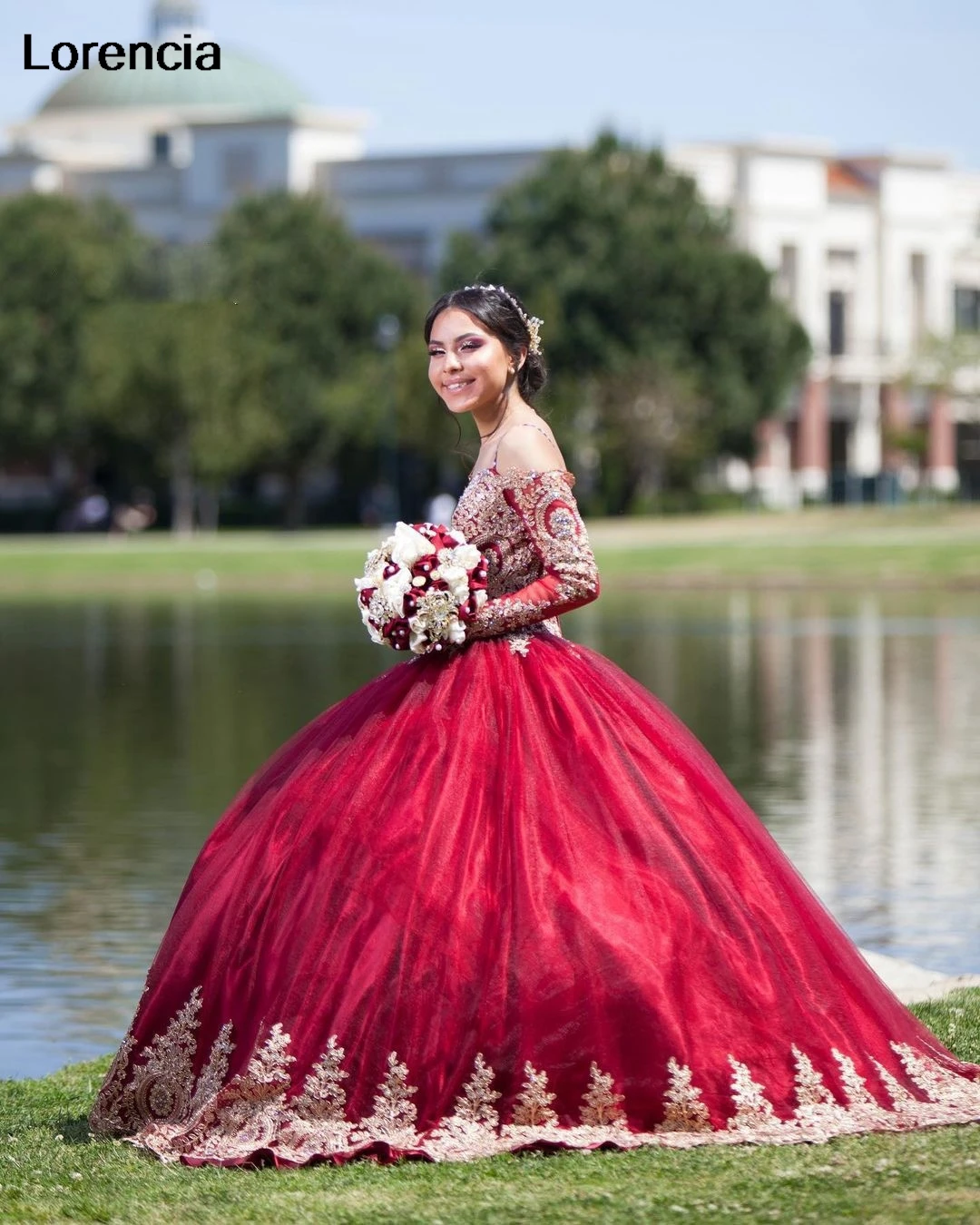 Красное платье Quinceanera по индивидуальному заказу, бальное платье с золотыми кружевными аппликациями и бисером, с длинными рукавами, спагетти Sweet 16, Vestidos De 15 Años YQD671