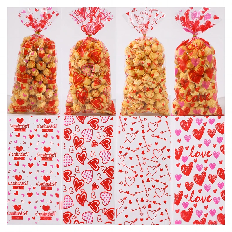 Sacos de plástico transparente para crianças, Love Gifts Bag, Embalagem Biscuit Snack Bread Cookie, Festa de casamento, Dia dos Namorados, 50Pcs
