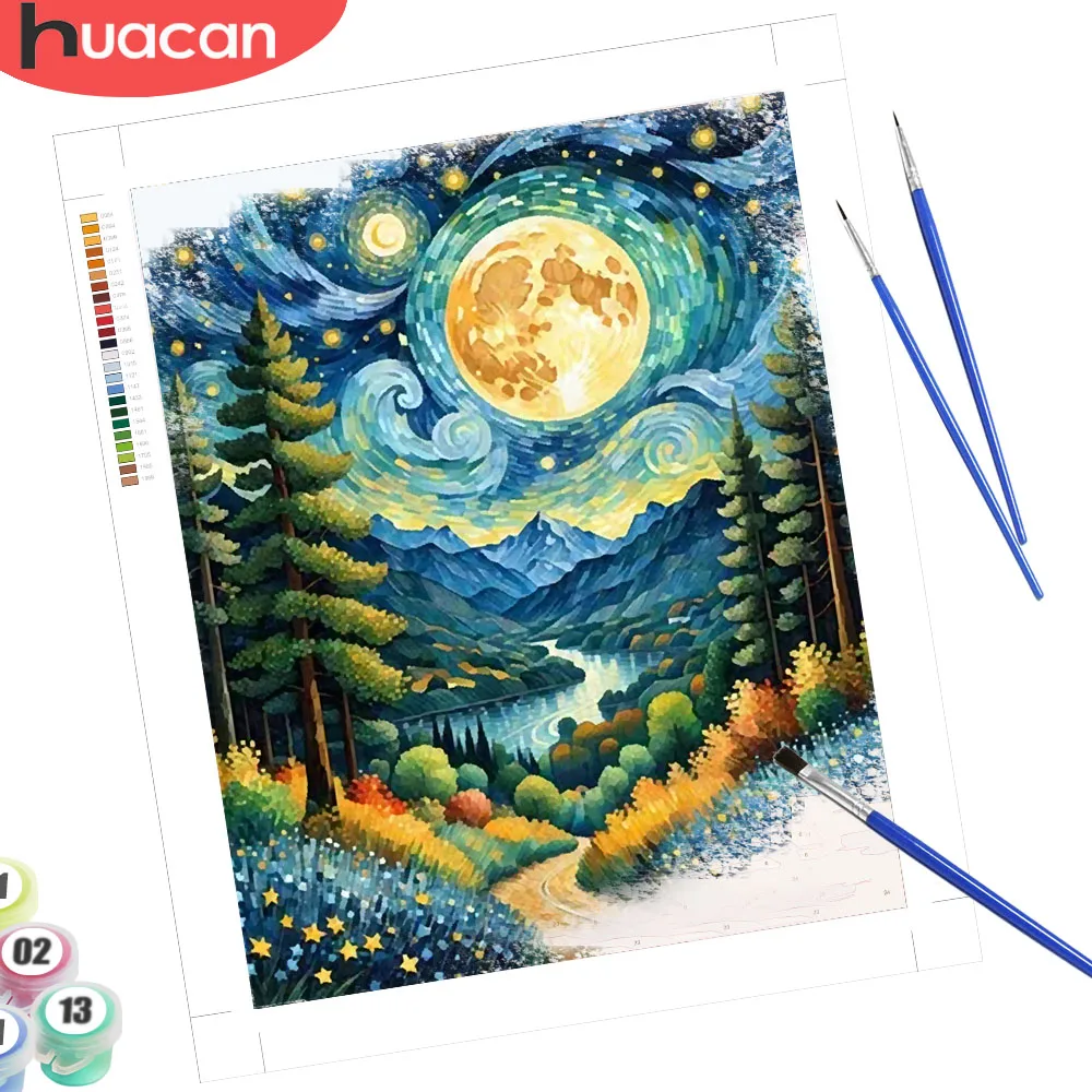 HUACAN Malen nach Zahlen für Erwachsene, Waldlandschaft, Malen nach Zahlen für Erwachsene, Bilder, Ölfarbe, bunte Leinwand, Baum, Sternenhimmel