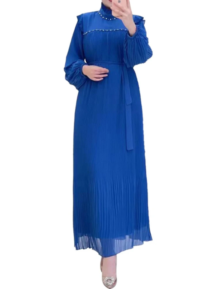 Imagem -04 - Contas Muçulmanas Vestido Plissado para Mulheres Abaya para o Ramadã Eid Mubarak Kaftan Dubai Abayas Islã Kaftan Robe Caftan Árabe Turquia