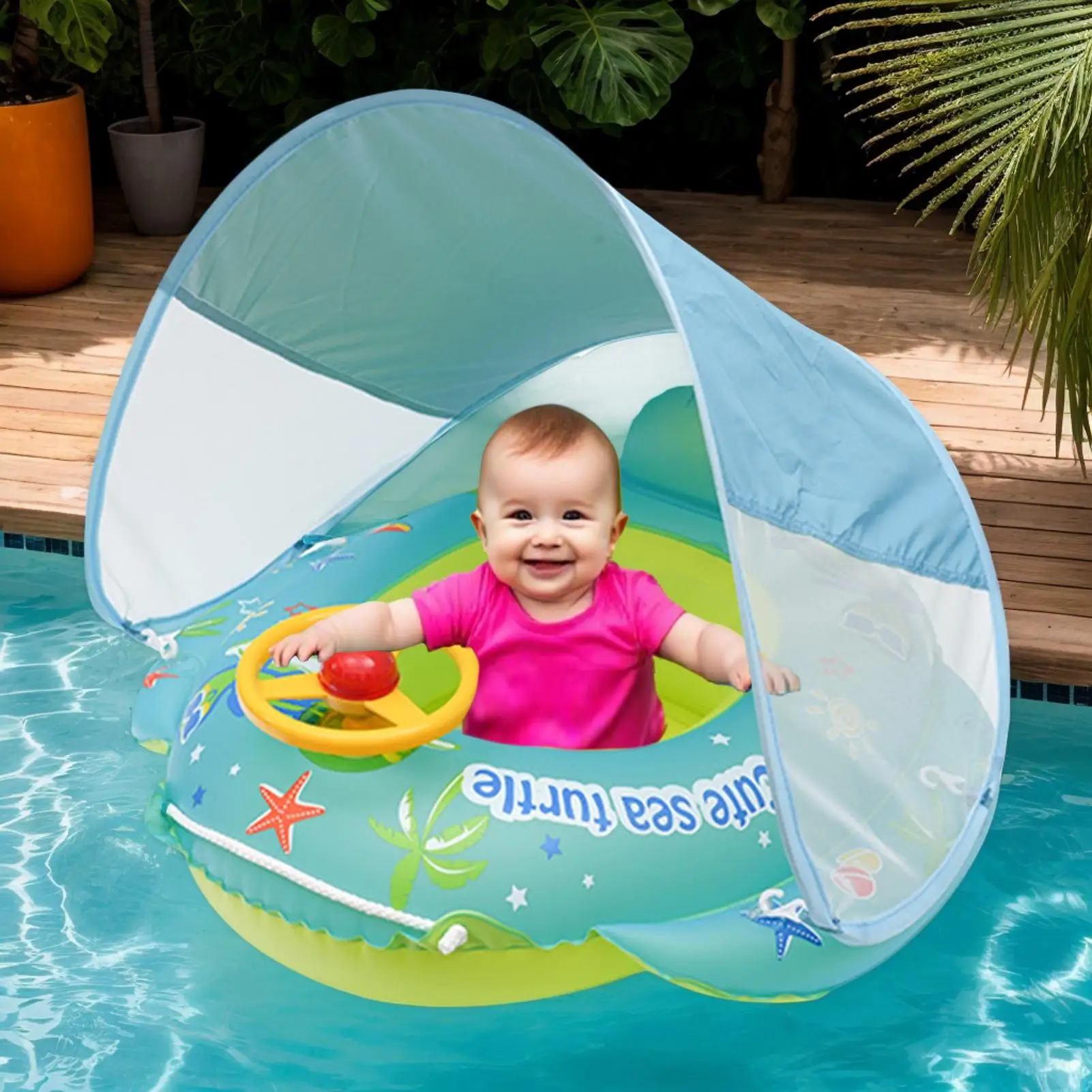 Baby Pool Float Baby Swim Float With Canopy Safety Sun Protection Inflatable Cartoon PVC Padded Bath Seat Steering Wheel Toy For