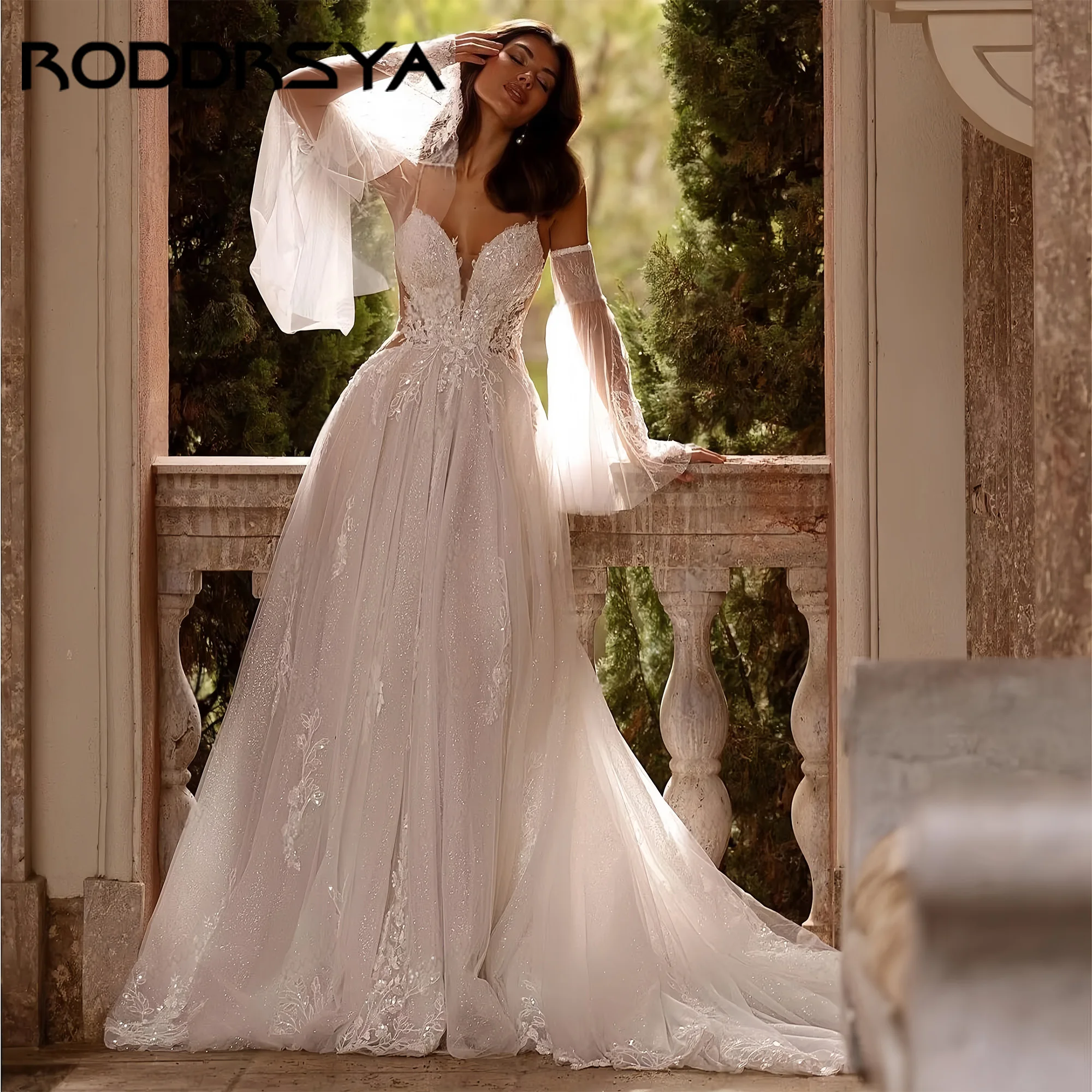 

Pretty Wedding Dresses A Line Tulle Tiered Bridal Gowns Lace Appliques Backless Detachable Sleeves Vestidos De Novia Customized