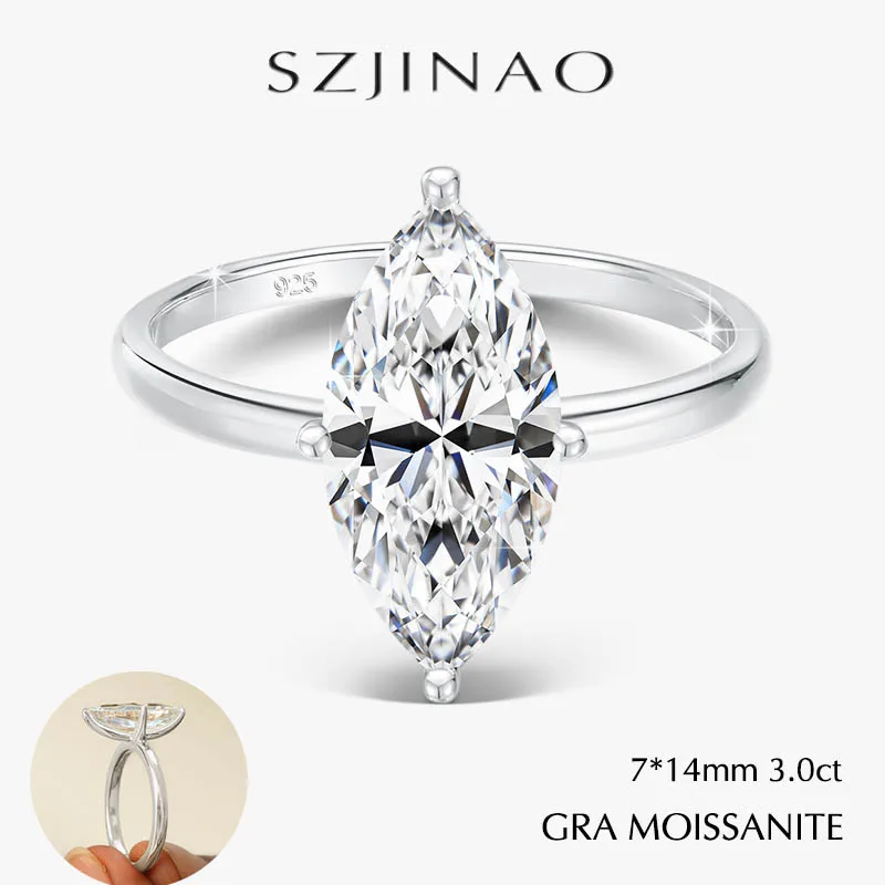 GRA 2/3CT Moissanite Engagement Ring for Women Man Marquise Cut VVS1 925 Silver Sparkling Diamond Jewelry for Wedding Gifts