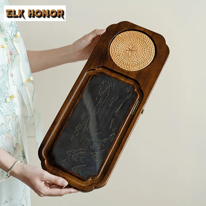 Walnut Tea Tray Household Solid Wood Tea Base High-end Color Changing Tea Tray Tea Set Dry Brewing Table Water Storage Tea Board