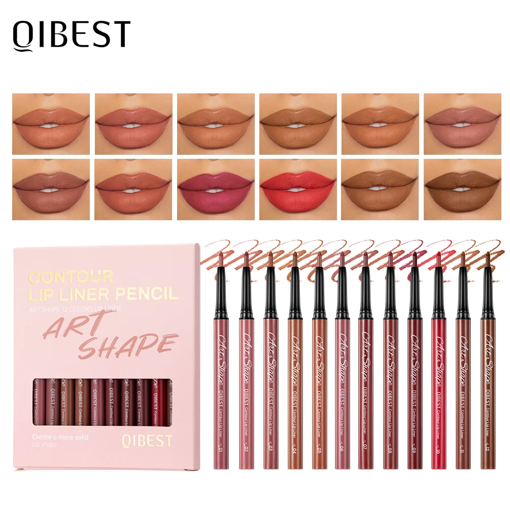 Qibest 12色マットアウトラインリップライナーセット 防水 落ちないヌードカラー リップスティックペンシル 固定リップライナーペン メイクアップセット