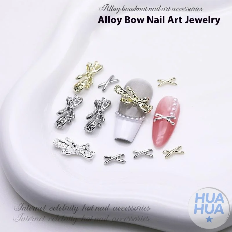 HUA 20 pièces exquis alliage Nail Art breloques de luxe Kawaii arc bijoux or argent ongles strass décoration bricolage accessoires pièces