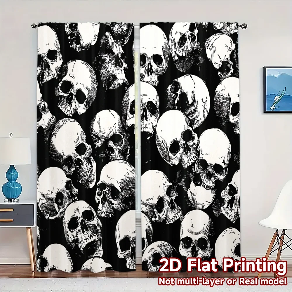 2pcs, 2D FLAT PRINTING Curtains (Without Rod) Skull Pattern Popular Print Curtains Versatile Fabric Curtains All Seasons Perfect