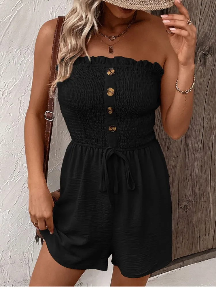 Dames Jumpsuit Zomer 2024 Tube Top Ruche Knoop Kanten Wijde Pijpen Shorts Vakantie Pak Modieuze Dameskleding