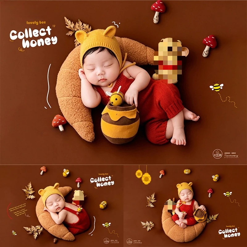 Newborn Photography Props Bear Theme Set Handmade Knitted Outfit with Hat Honey Pot Mushroom Bees Decors for Baby Photoshoot