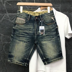 Heavyweight Distressed Scratch Washed Denim Shorts High Quality Summer American Vintage Slim Straight Half Jeans Y2k Youth Male