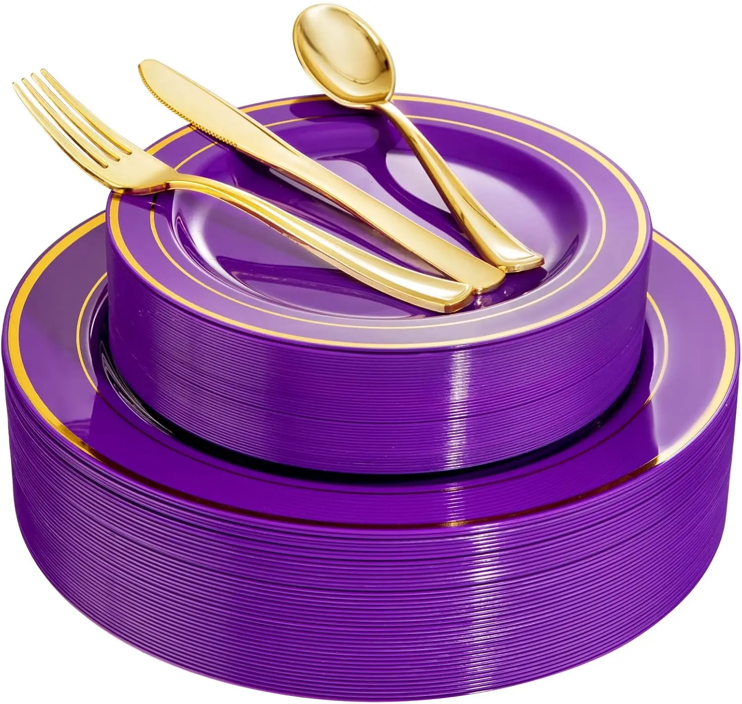 

Halloween Purple Gold Plastic Plates with Gold Plastic Silverware,Purple Plastic Dinnerware Includes 40 Dinner Plates