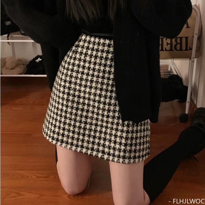 New Year Date Girls Woman Retro Vintage Plaid Skirts FLHJLWOC Design High Waist One-Step Woolen Cloth Cute Mini Skirt