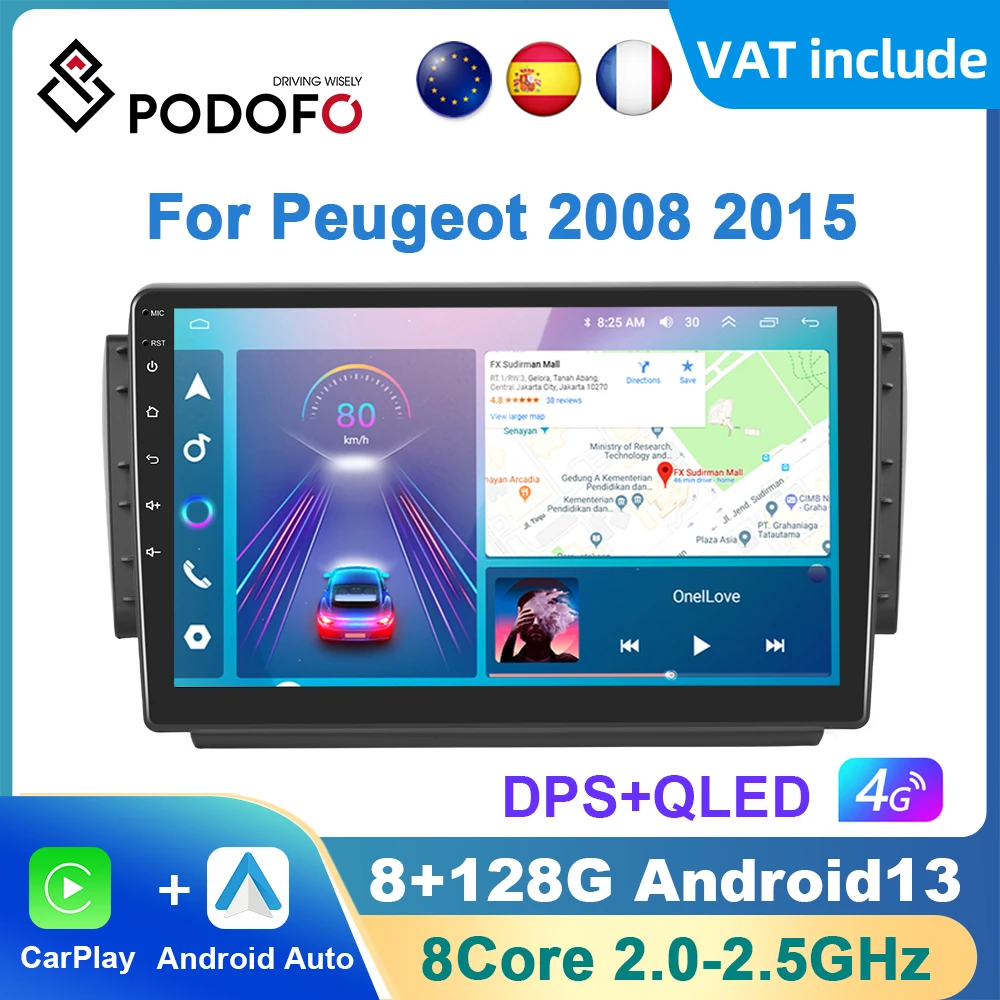 Podofo AI Voice Android Carplay Car Radio For PEUGEOT 2008 208 2012-2018 Android Auto Multimedia Navigation GPS autoradio DSP