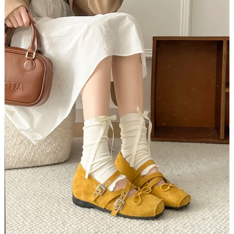 รองเท้าผู้หญิง 2025 ใหม่ผีเสื้อผู้หญิง Mary Jane Elegant Square Toe สุภาพสตรีสบายๆภายใน Elevation รองเท้าบัลเล่ต์