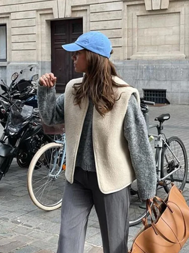 Cárdigan de lana de cordero para mujer, chaleco informal cálido sin mangas con cuello en V, ropa de calle alta para otoño, 2024