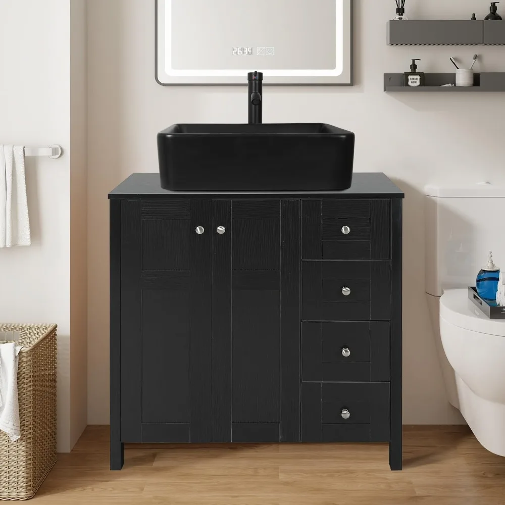 

32 Inch Black Bathroom Vanity, Traditional Standing Pedestal Cabinet with Square