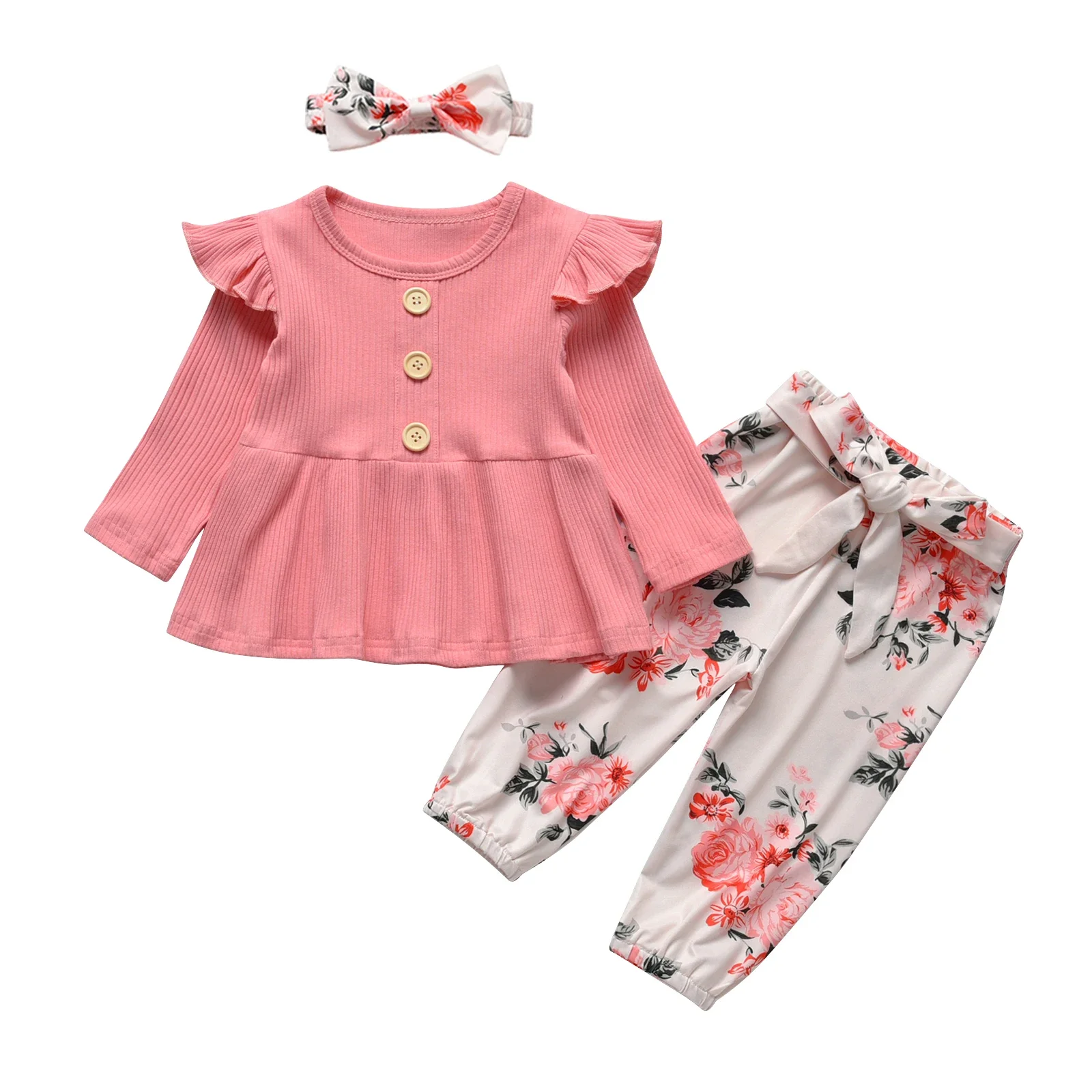 Spring Autumn Toddler Baby Girl 3pcs Clothes Set Knitted Long Sleeve T-Shirts + Florals Printed Pants + Headband Newborn Outfit