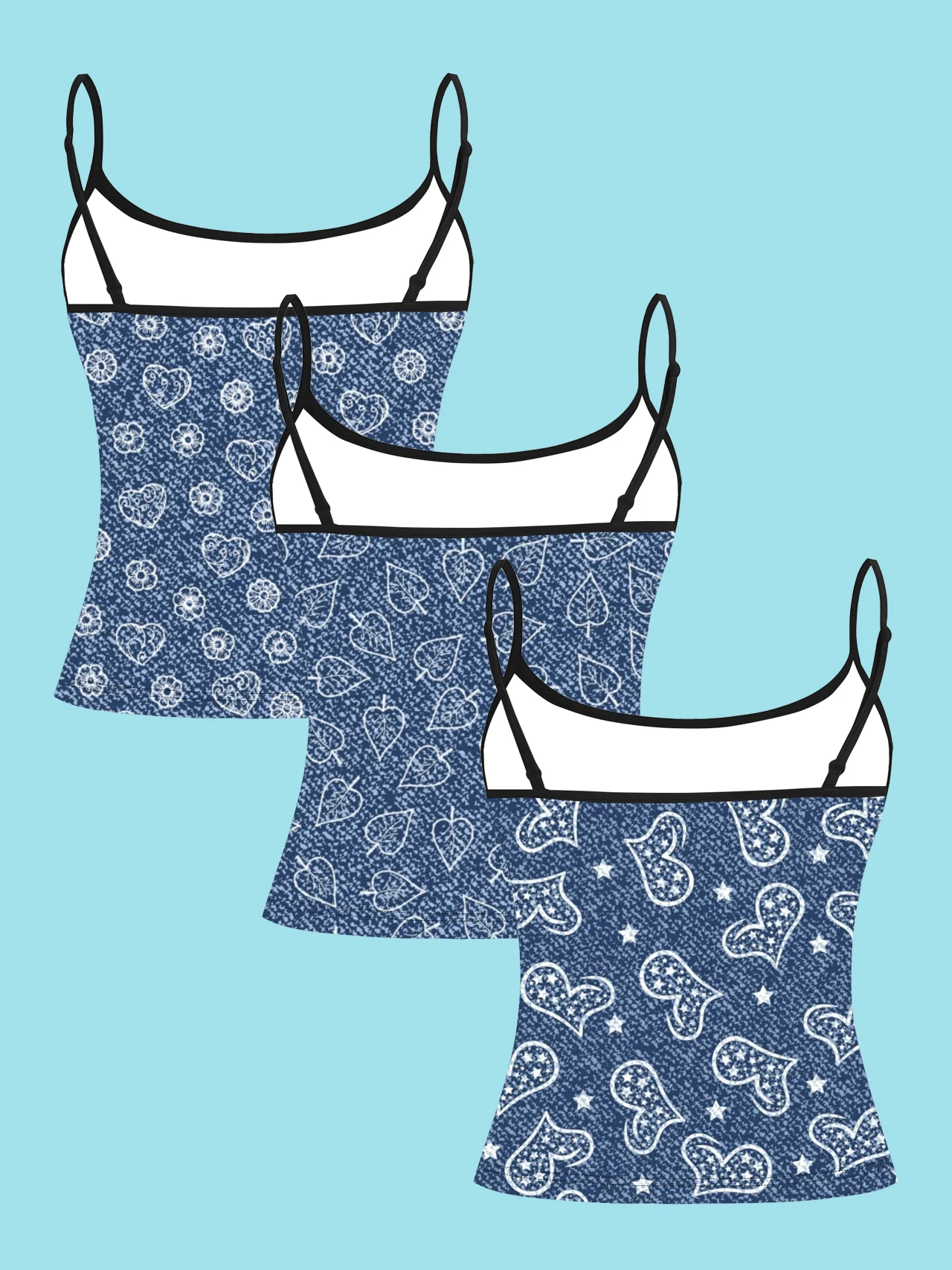 3-Pack Denim Blue Heart Flower Leaf Print Thin Camisole Tank Top, Faux Denim Line Drawing Fresh Style Slim Fit Sleeveless Top, Sweet Casual Versatile Inner Wear and Outer Wear Base Shirt