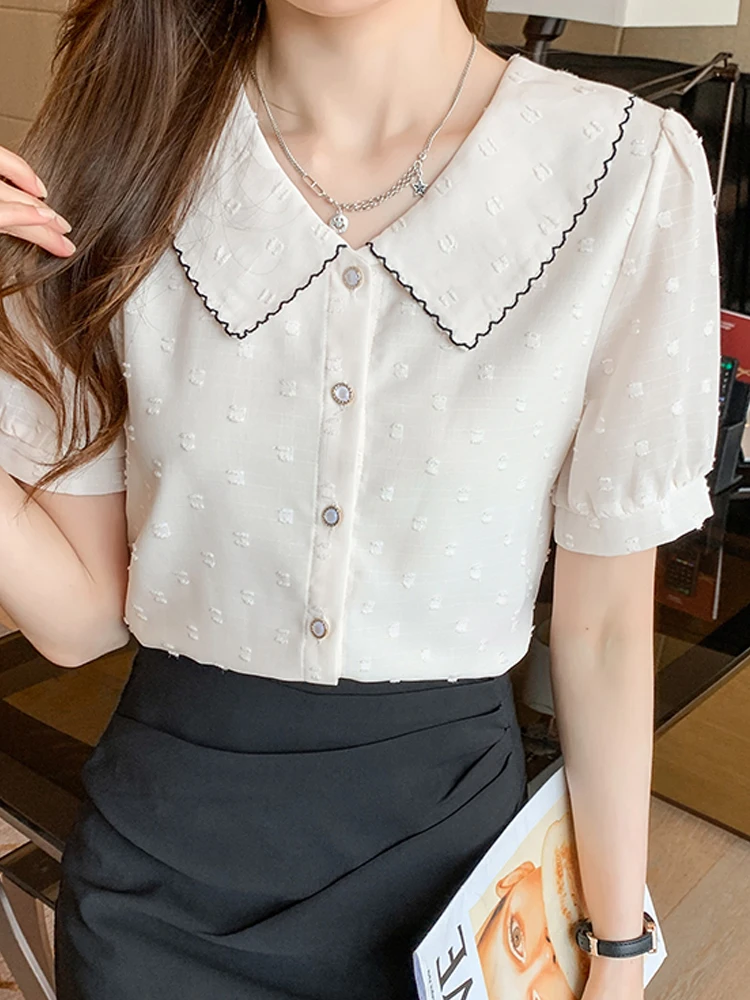 Blusa De manga corta para Mujer, Camisa De gasa con cuello De muñeca, a la Moda, para Verano, F442, 2024