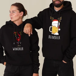 Women Men Matching Christmas Hoodies Winedeer Reinbeer Print Funny Beer Pattern Outerwear Loose Fashion Couple Xmas Sweatshirt