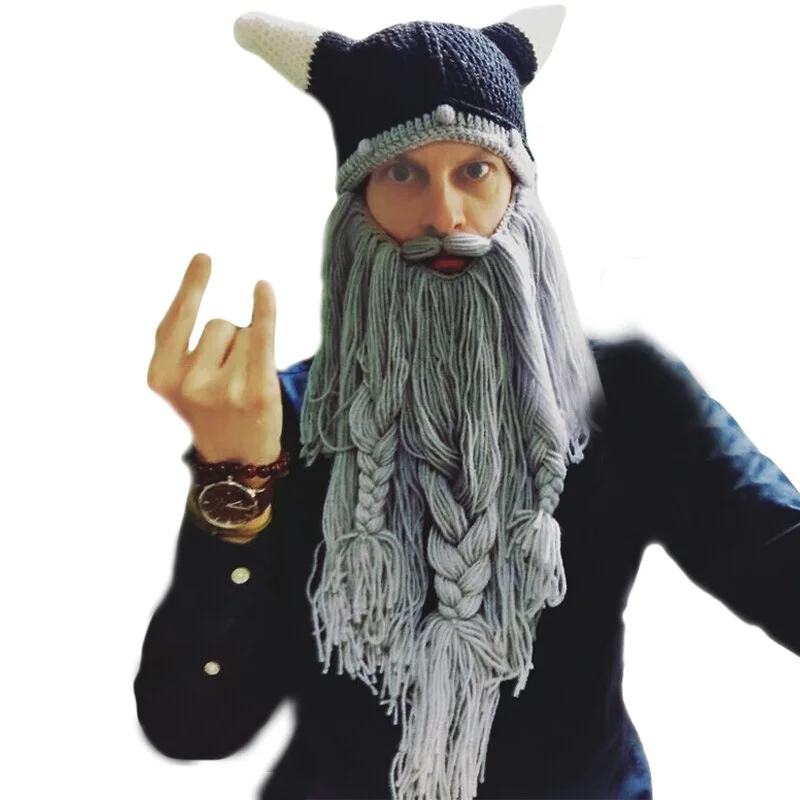 New Autumn and Winter Horn Hats with Big Beard, Amazon Viking Funny Creative Men and Women Wool Hats for Halloween Export