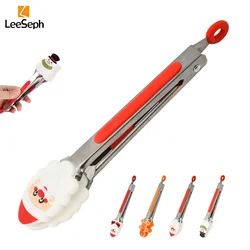 Leeseph Christmas Silicone Tongs, Portable Stainless Steel Little Clip Kitchen Cooking Tong, for Food Grill, Salad, BBQ, Frying