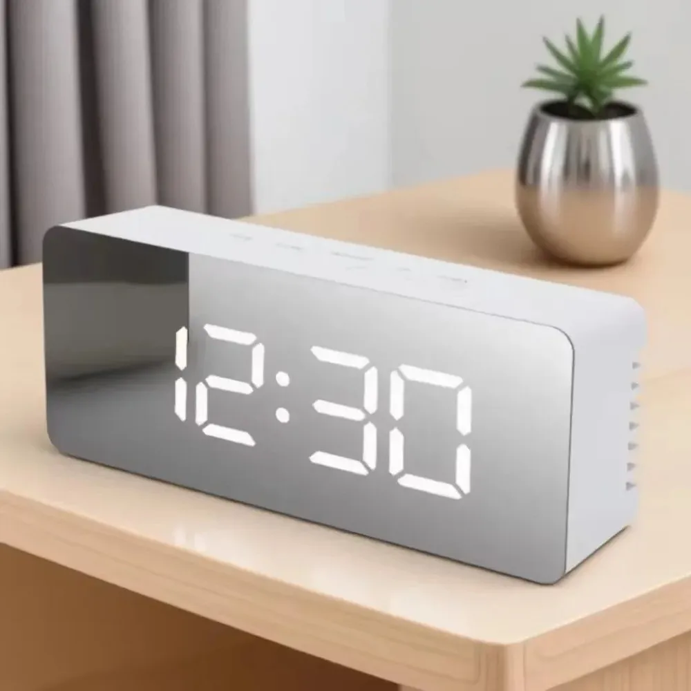 New White Digital Clock Night Light Display Time LED Mirror Table Clock Desk Clock USB Desktop Alarm Clock