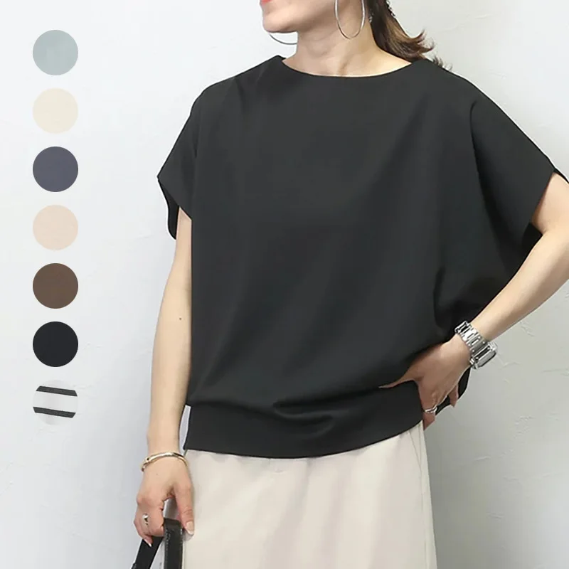 تي شيرت صيفي جديد بأكمام قصيرة للنساء، أكمام خفاش فضفاضة، رقبة دائرية، بلوزة كاجوال من القطن بلون سادة، التجارة الخارجية #1