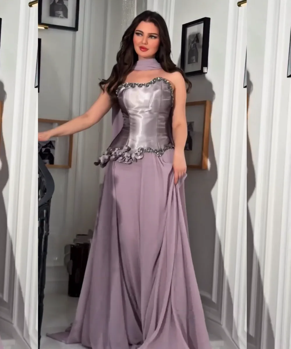 Customized Matching Charmeuse Pleat Sequined Flower A-line Strapless Long Luxury Party Prom Dresses Exquisite