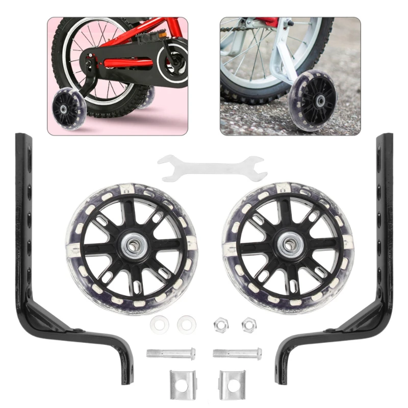 2pcs Children's Bicycle Auxiliary Wheel Adjustable Training Flash Mute Wheels Bike Stabilizer Compatible for 12-20 Inch Bikes