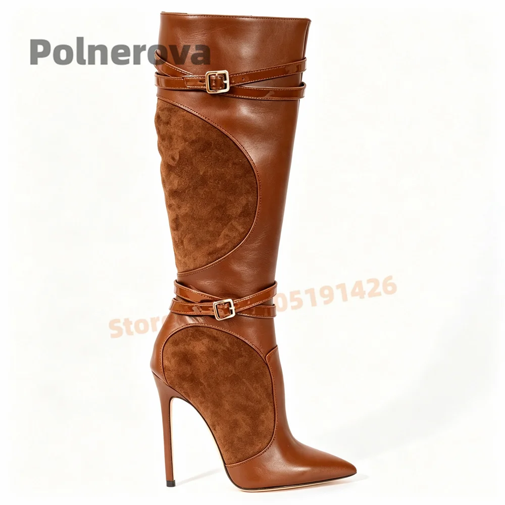 Women's Patchwork Stiletto Knee High Boots Pointed Toe High Heel Faux Suede Leather Splicing Belt Buckle Party Dress Shoes