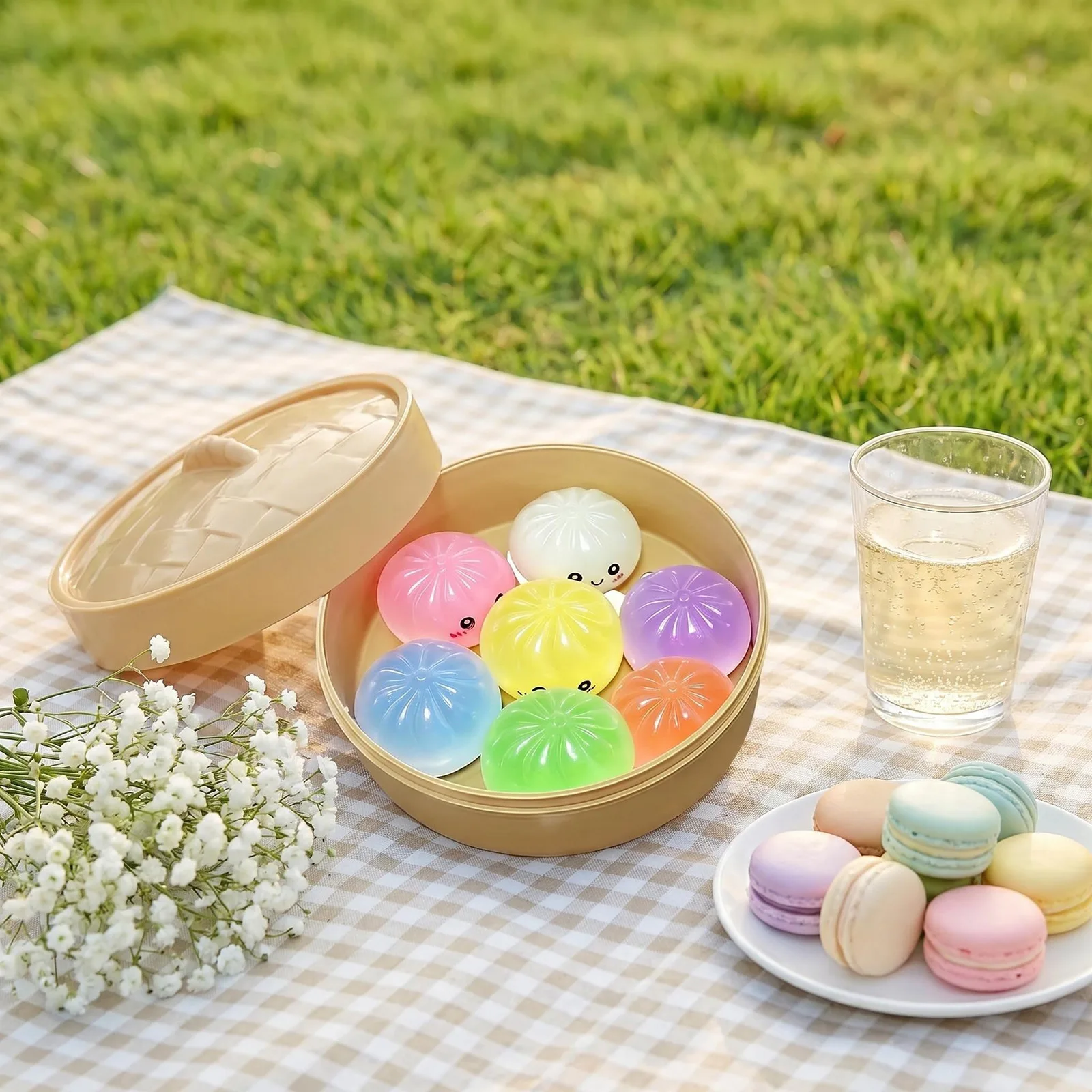 

7pcs Mini Dumplings with Steamer Bun Squeezable Toys Set Soft Stress Relief Crystal Squishy Fidget Sensory Toy Party Favors Gift
